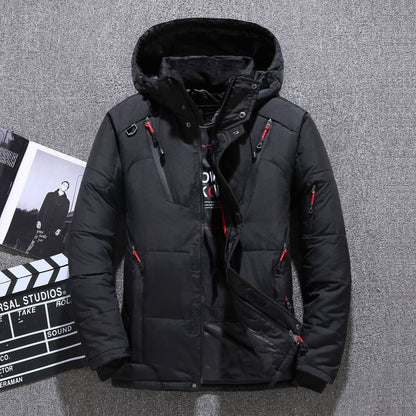 Kurze Winterjacke für Herren aus dicker weißer Entendaunenjacke mit Kapuze