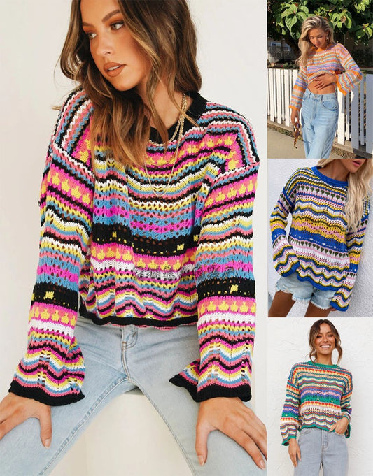 Stitching Sweater Loose Inter-color Rainbow Women